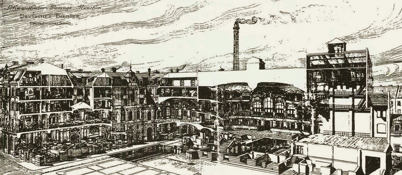 Perspektive der Schwanthalerstraße aus dem Jahr 1896: Fassade des Deutschen Theaters und Fabrikgebäude in München