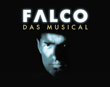 Plakatmotiv zum Musical Falco in München: Ein Portrait des Musikers Falco vor schwarzem Grund