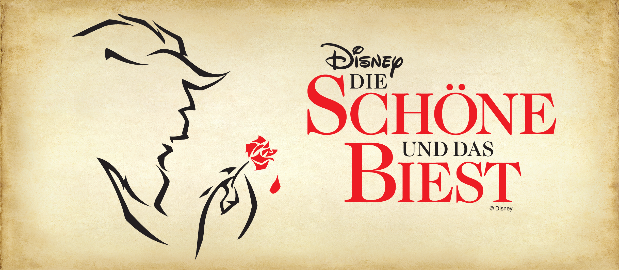 Plakatmotiv zum Musical Disney DIe Schöne und das Biest: Umriss eines Biestes mit einer roten rote in der Pfote