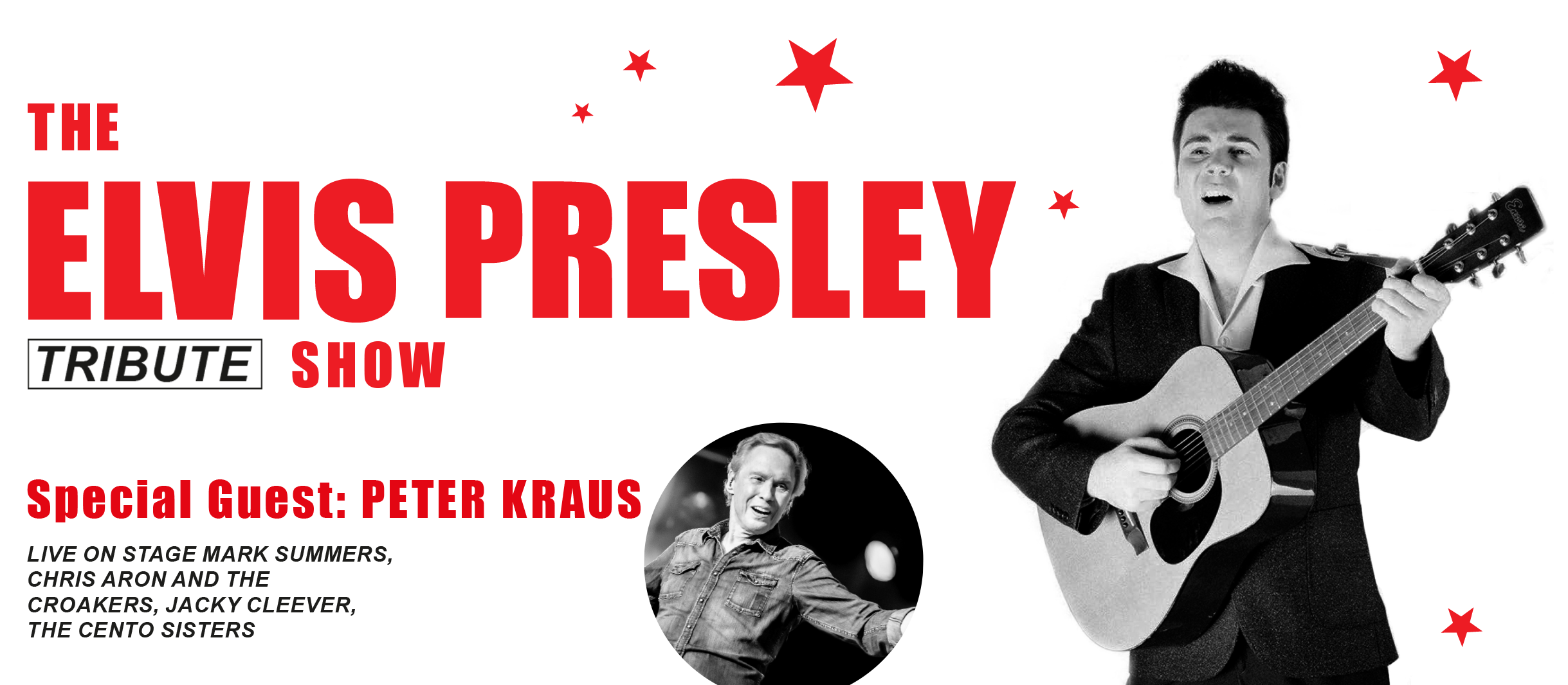 Plakatmotiv zum Konzert The Elvis Presley Tribute Show: Elvis Presley mit Gitarre und Abbildung von Peter Kraus mit Sternen im 50er Jahre Stil